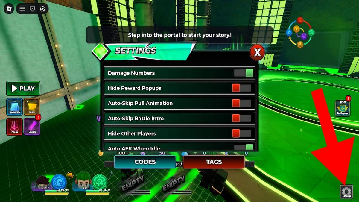 Arrow pointing to the Settings in Anime Requiem