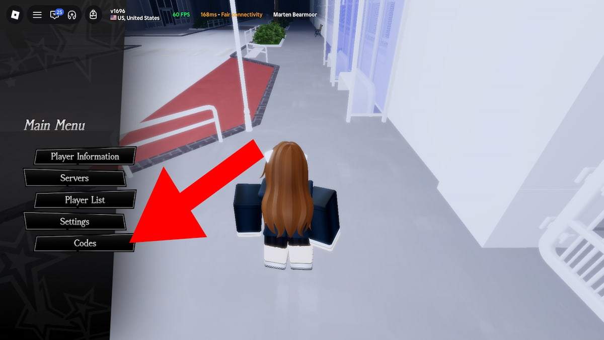 Arrow pointing to the Codes button in Ishin