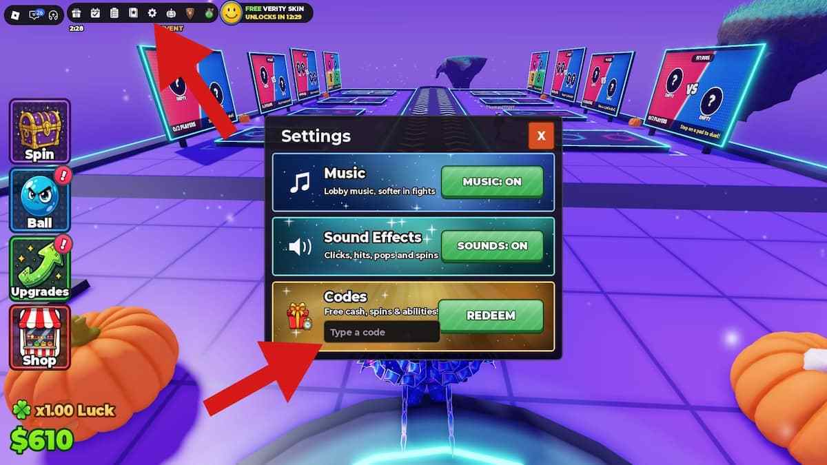 Arrows pointing to the Settings menu and the Codes text box in Create Your Ball