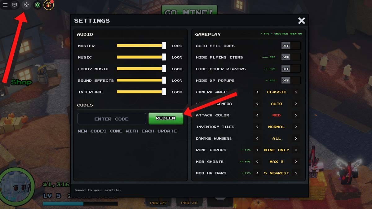 Delve Codes Redemption System inside the Settings menu