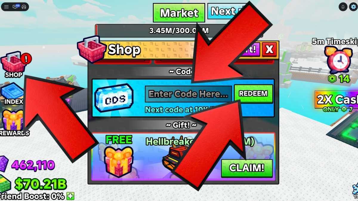 Destroy a Vault game screenshot showing how to redeem codes, with red arrows pointing to the Shop button, code entry field, and Redeem button.