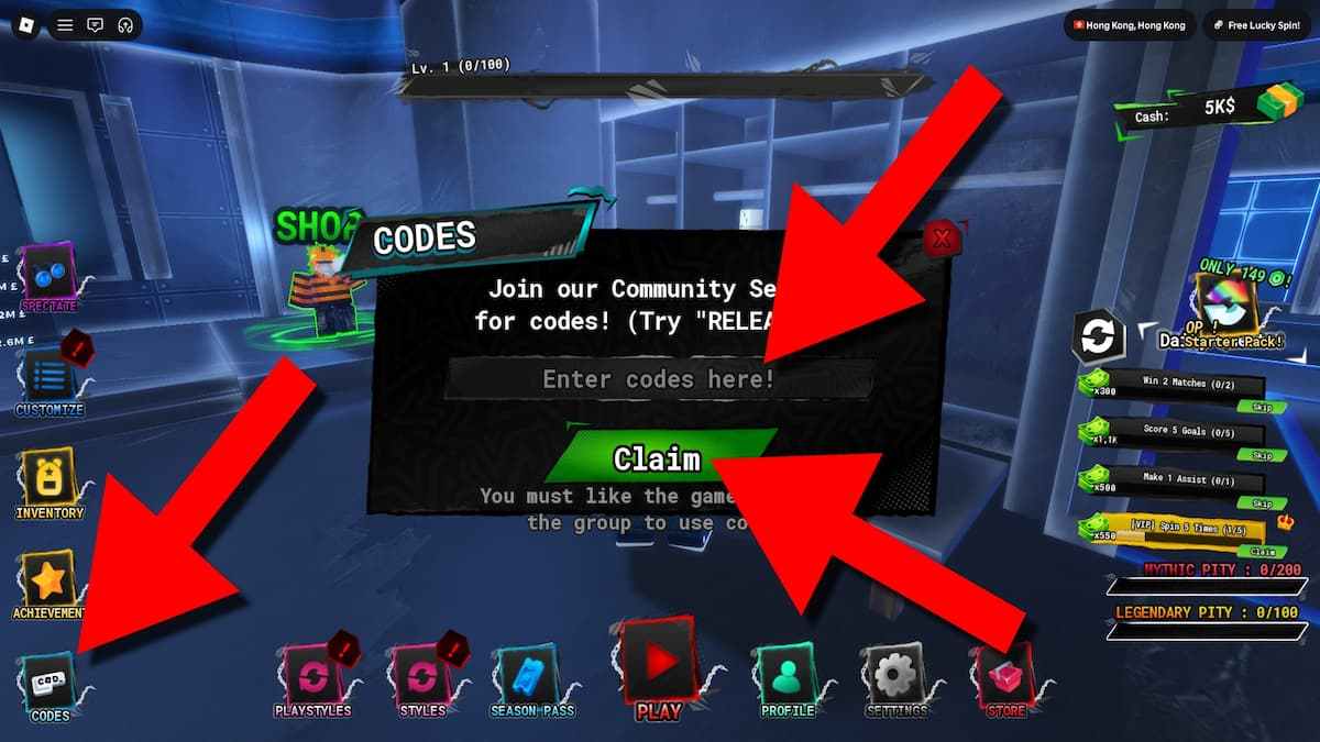 Dream League game screenshot showing how to redeem codes, with red arrows pointing to the Codes button, code entry field, and Claim button.