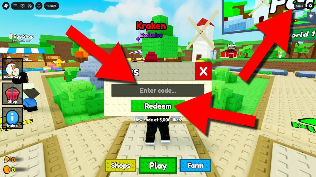Egg Tower Defense game screenshot showing how to redeem codes, with red arrows pointing to the Codes button, code entry field, and Redeem button.