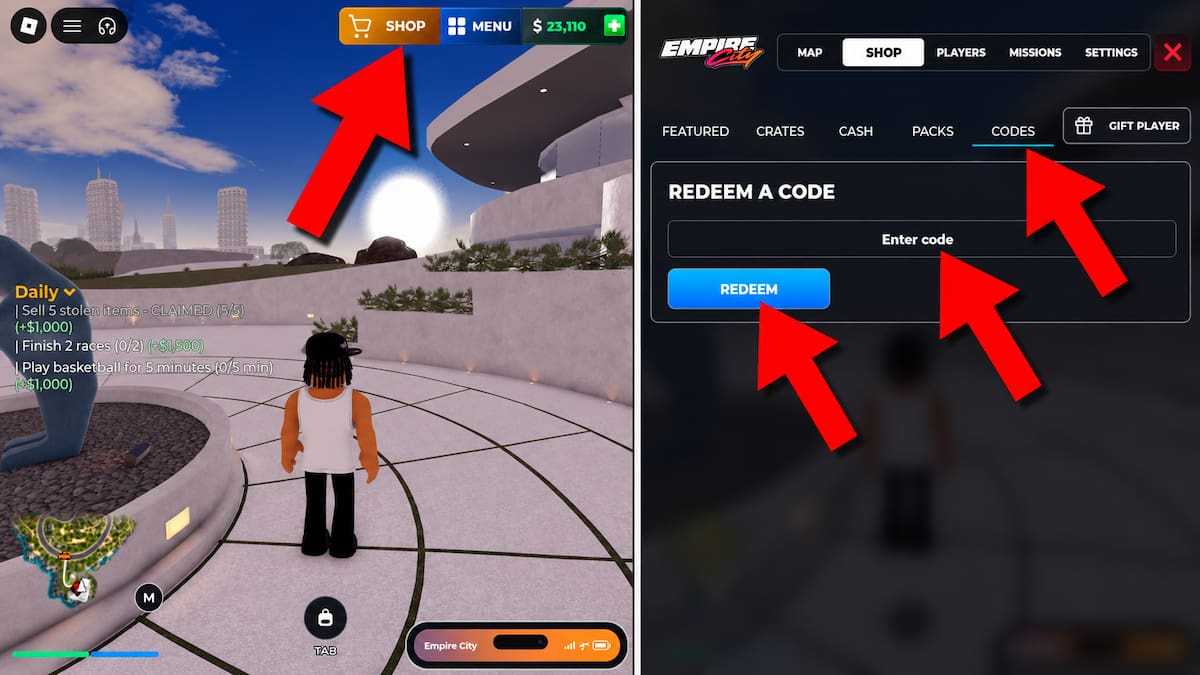 alt text, please Split-screen tutorial image for redeeming codes in Empire City. On the left, a player stands in a modern courtyard while a large red arrow points to the Shop button in the top-right corner of the screen. On the right, the Shop menu is open with the Codes tab selected, and large red arrows point to the Enter code text box and the blue Redeem button.