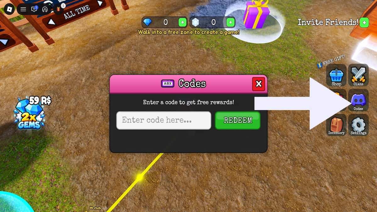 Escape the Cave codes redemption pop-up window with a white arrow pointing to the Codes button on the right