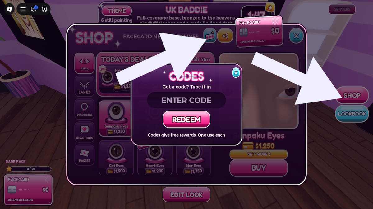 Arrows pointing to the shop and codes buttons in Facecard: Makeup Showdown