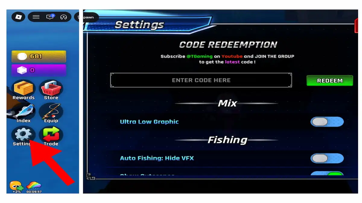 Arrow pointing to the Fishing Master Settings button.