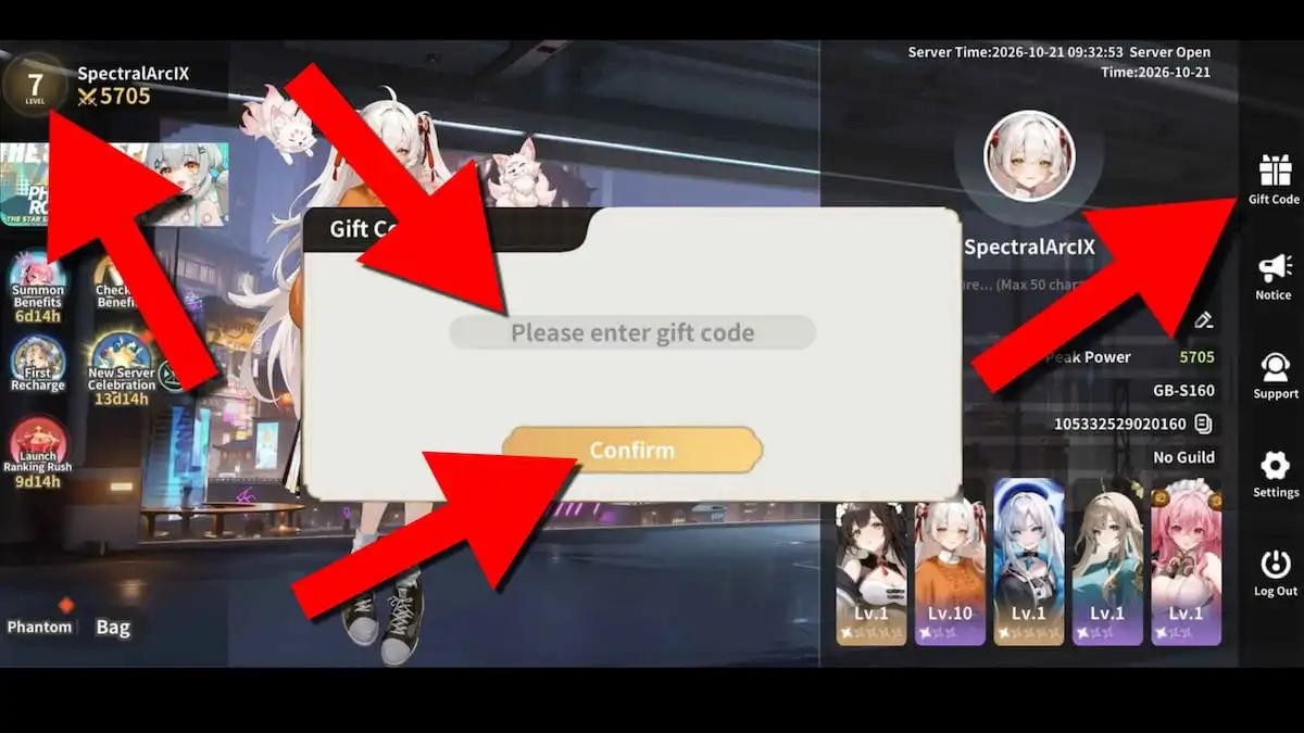 How to redeem Girls Echo codes by opening your profile, selecting Gift Code, entering a code, and pressing Confirm.