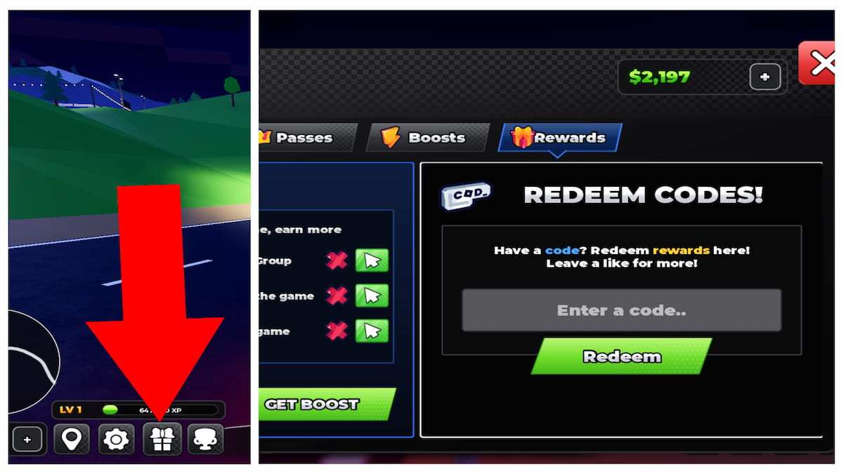 Arrow pointing to the Shop button in How to Drift