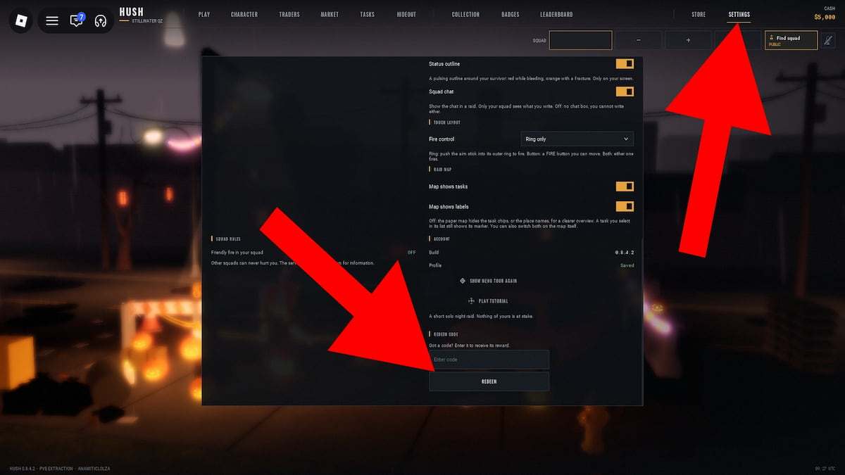 Arrow pointing to the settings and codes buttons in HUSH