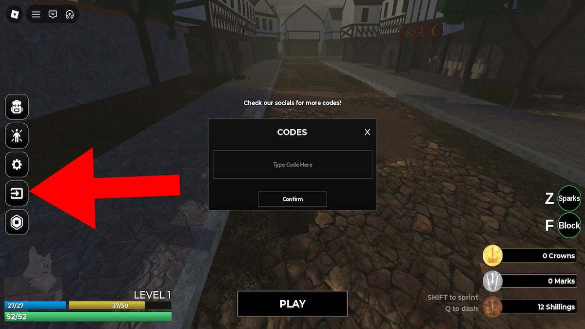 Arrow pointing to the Codes button in Lootbound