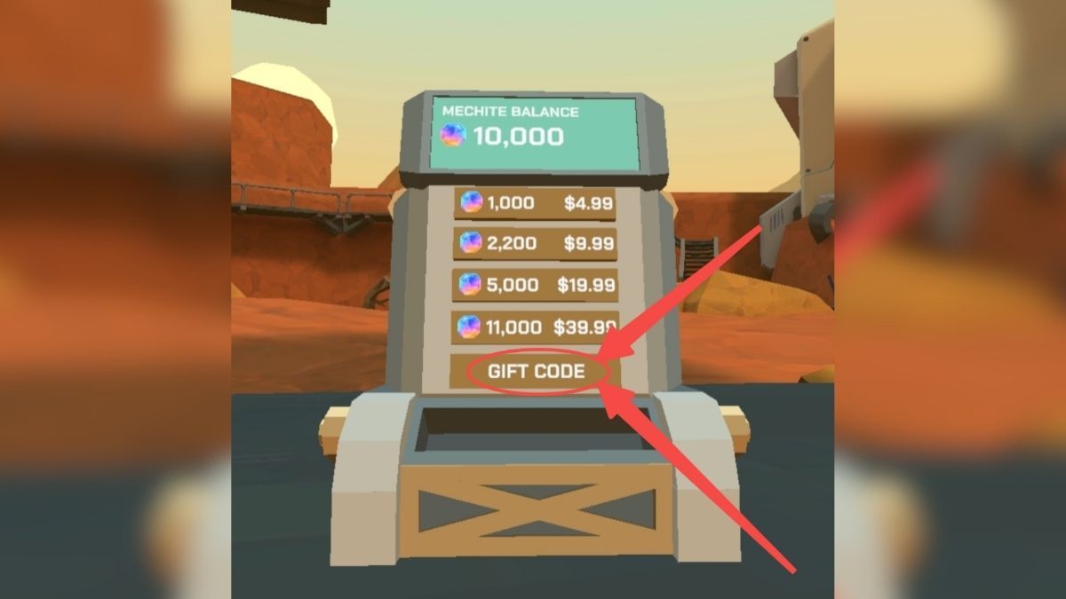 MechUp gift code redemption screen showing the Gift Code button highlighted with red arrows