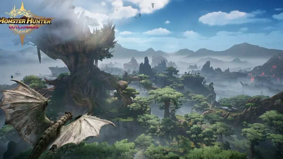 Dragon flying over a forested landscape with mountains in the background
