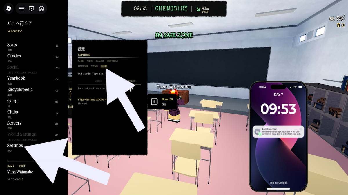 Arrow pointing to the settings and codes in Morioh High