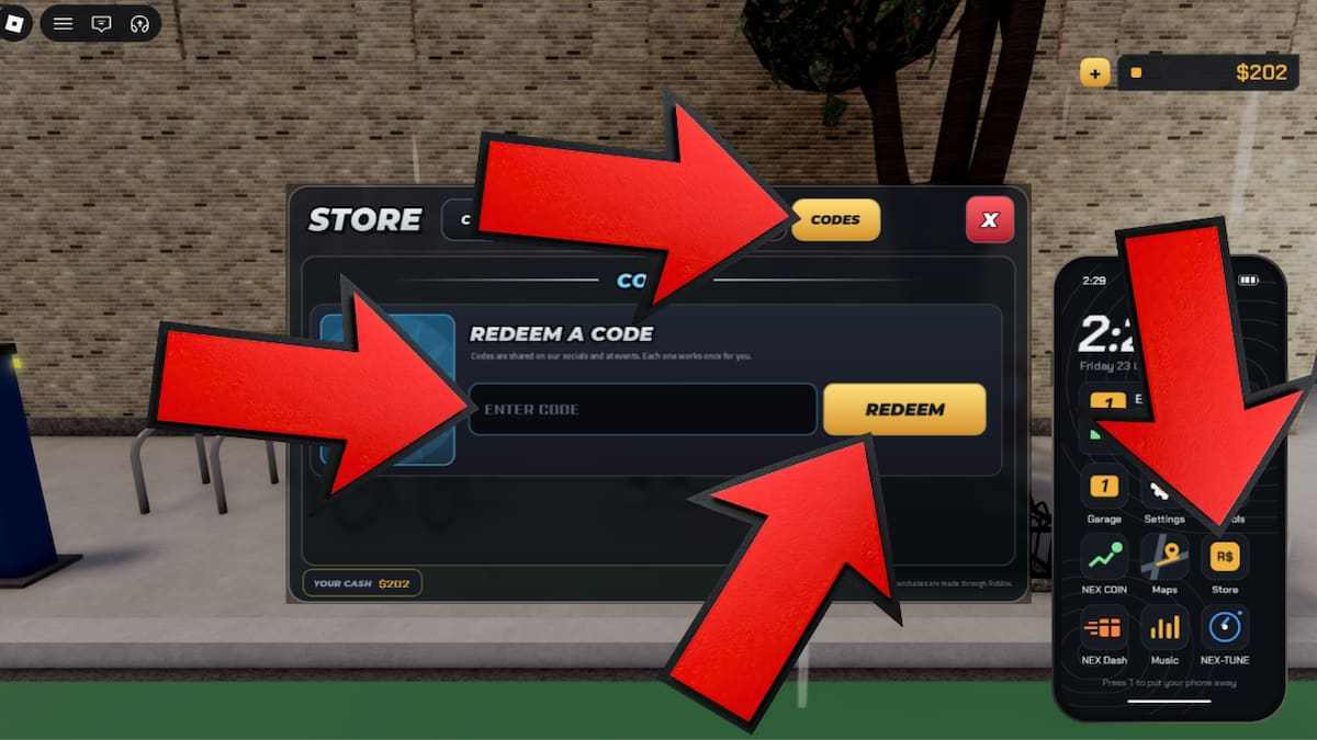 How to redeem NexRide codes in Roblox by opening the Store, selecting Codes, entering a code, and clicking Redeem.