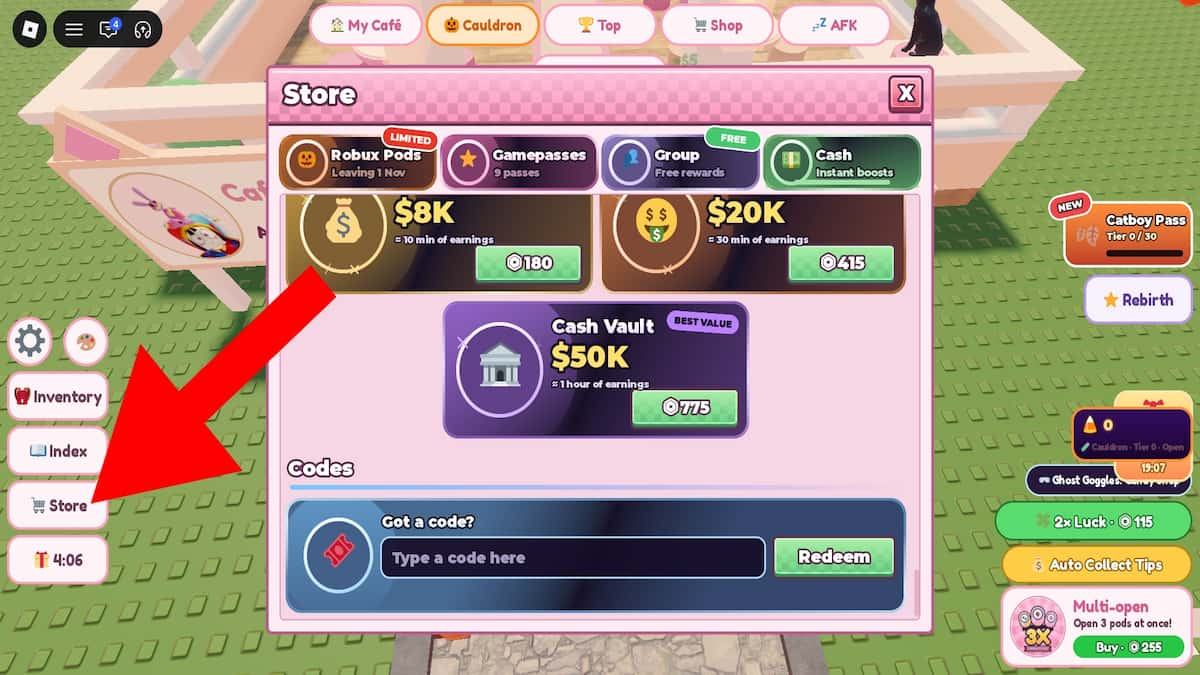 Arrow pointing to the store button in Own a Catboy Cafe