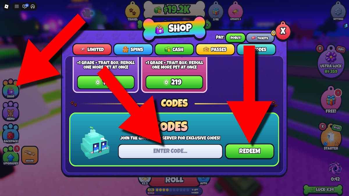 Pet Dice game screenshot showing how to redeem codes, with red arrows pointing to the Shop button, code entry field, and Redeem button.