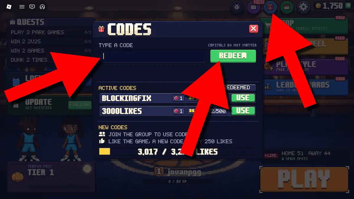 Pixel Basketball game screenshot showing how to redeem codes, with red arrows pointing to the Codes button, code entry field, and Redeem button.