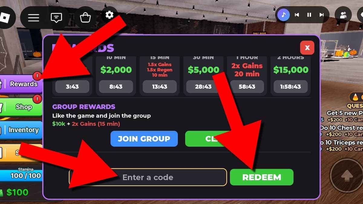 How to redeem Power Lifters codes in Roblox by opening Rewards, entering a code in the text box, and clicking Redeem.