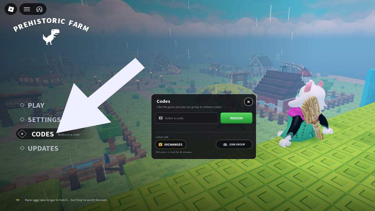 Arrow pointing to the Prehistoric Farm codes button.