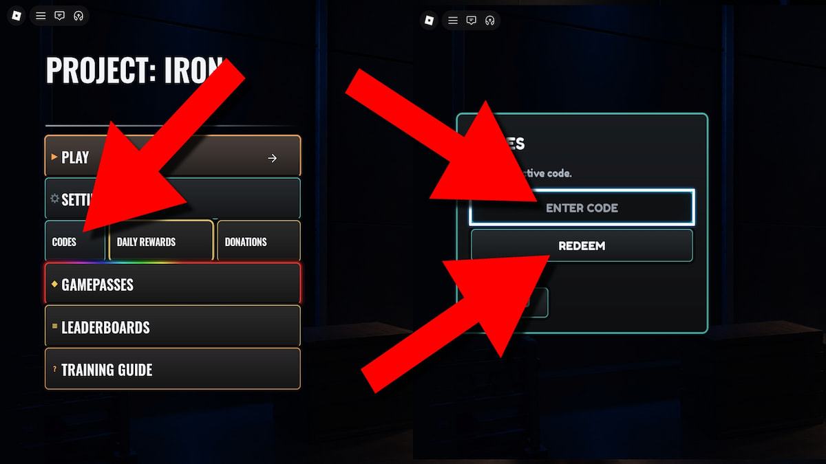 How to redeem Project Iron codes in Roblox by opening the Codes menu, entering a code, and clicking Redeem.