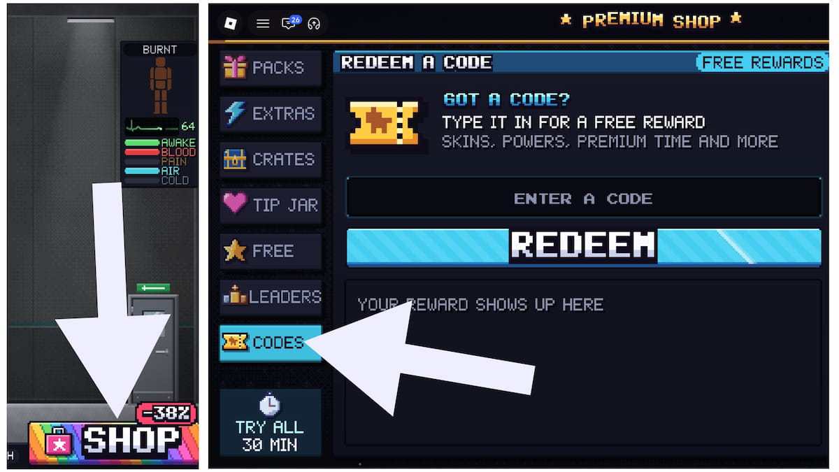 Arrows pointing to the Shop and codes in Ragdoll Playground