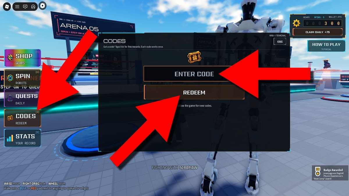 How to redeem Ragdoll Robot Boxing codes in Roblox by opening the Codes menu, entering a code, and clicking Redeem.