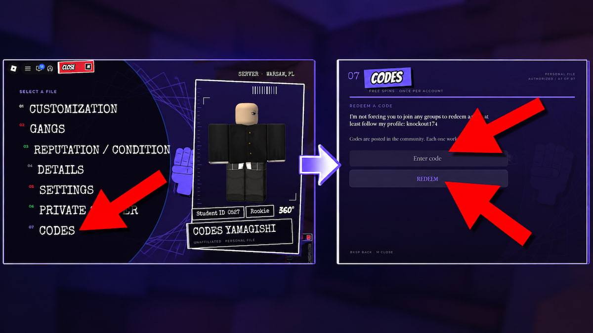 Revengers Re game screenshots showing how to redeem codes, with red arrows pointing to the Codes menu, code entry field, and Redeem button.