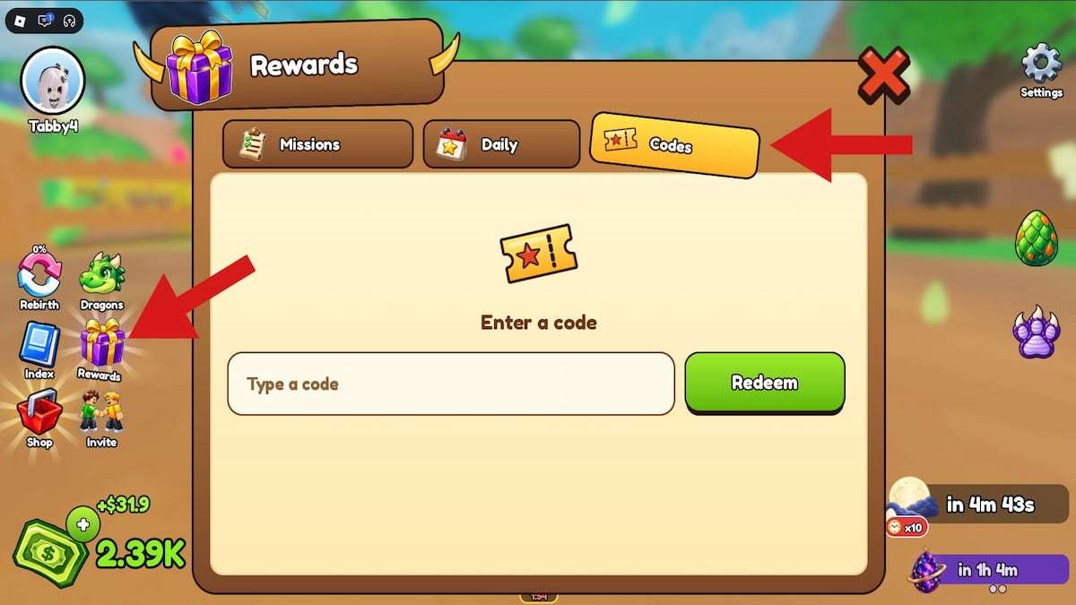 Arrows pointing at where to click to redeem Ride a Dragon codes via the Rewards menu