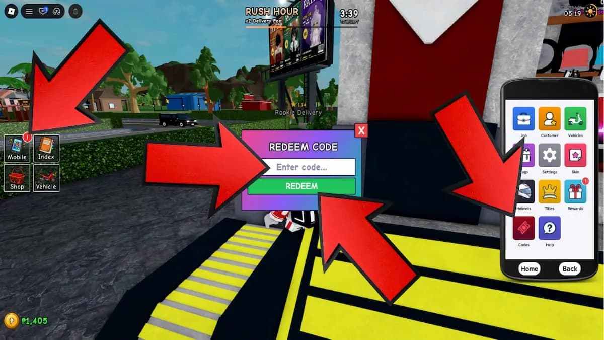 Pa Deliber game screenshot showing how to redeem codes, with red arrows pointing to the Mobile menu, Codes button, code entry field, and Redeem button.
