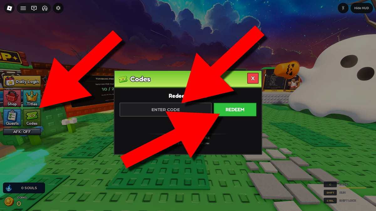 Roblox TUMBANG PRESO game screenshot showing how to redeem codes, with red arrows pointing to the Codes button, code entry field, and Redeem button.