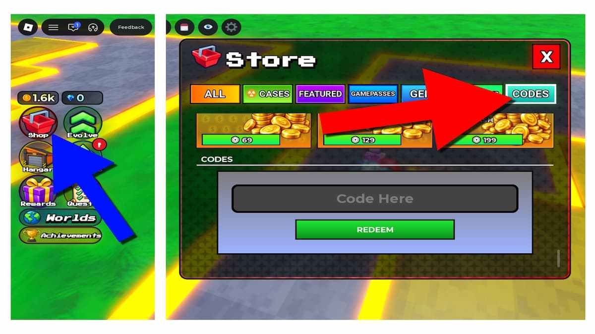 Arrows pointing to the Shop and Codes section in Rocket Rush