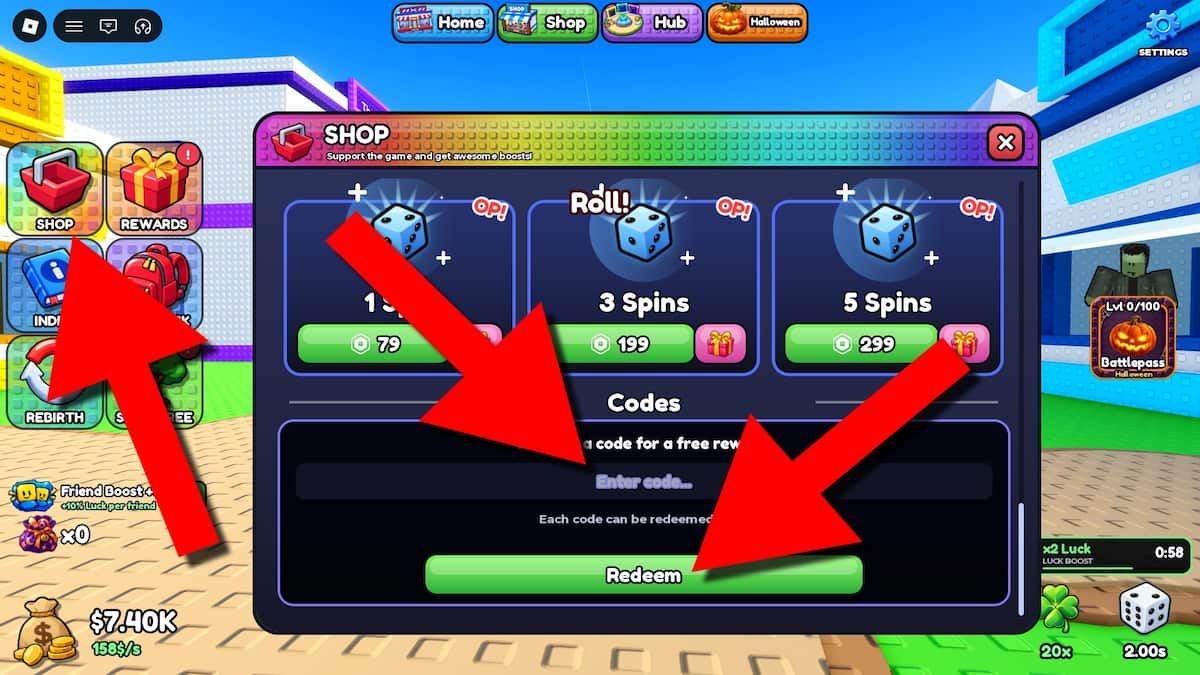 How to redeem Roll a Barber RNG codes in Roblox by opening the Shop, entering a code in the Codes section, and clicking Redeem.
