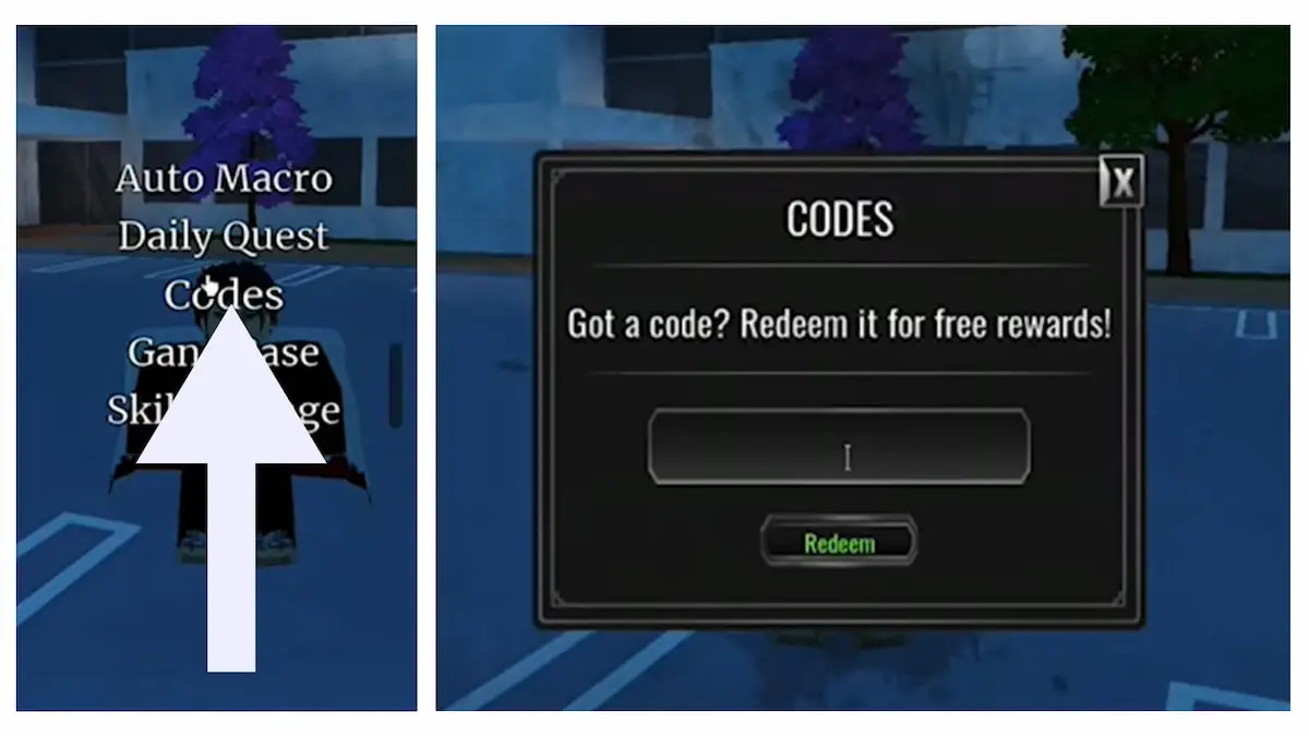 Arrow pointing to the Shura Unleashed codes button on the left image and a code redemption pop-up window on the right image