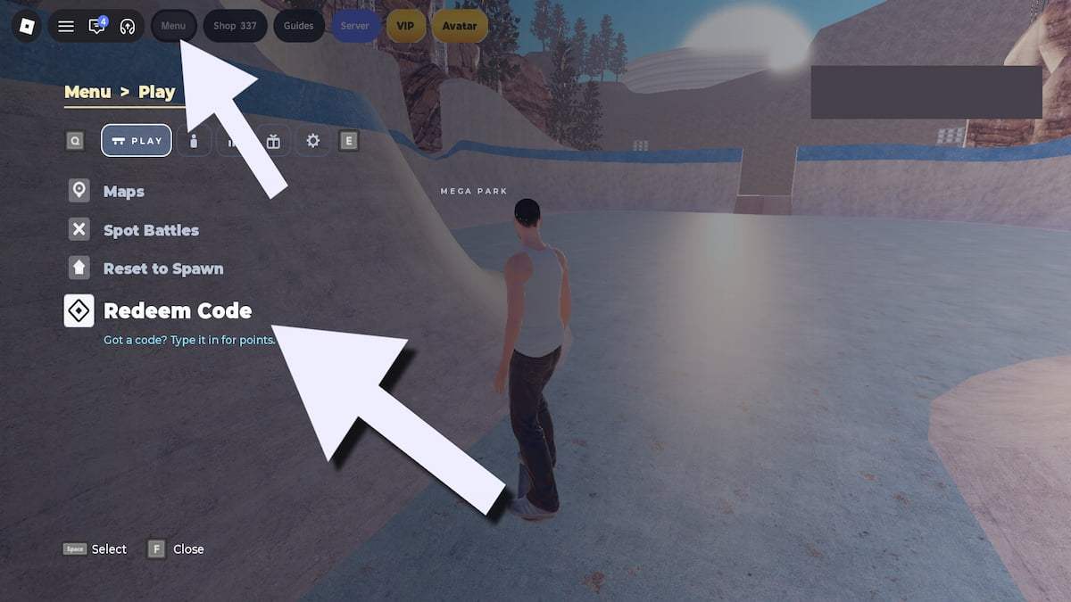 Arrows pointing to the menu and codes section in Skate Tree