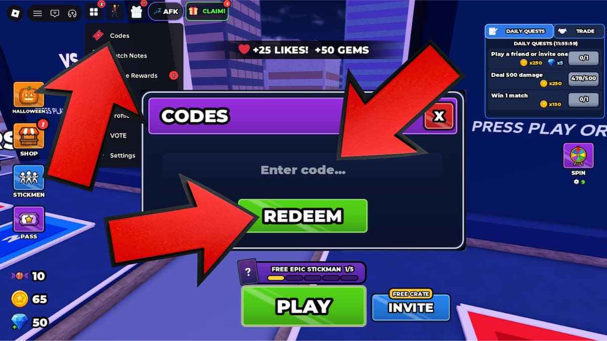 How to redeem Stick Wars codes in Roblox by opening Codes, entering a code, and clicking Redeem.