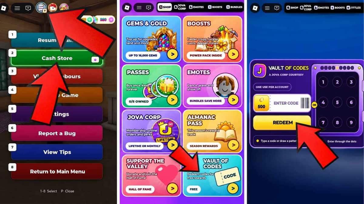 Sunshine Valley game screenshots showing how to redeem codes, with red arrows pointing to the Cash Store, Vault of Codes, code entry field, and Redeem button.