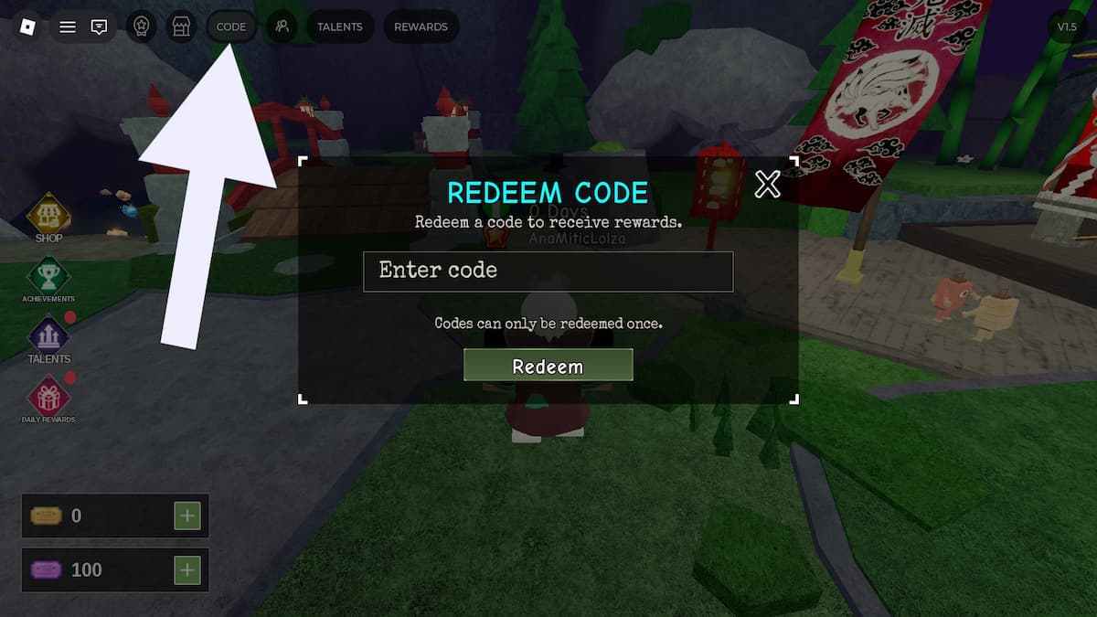 Arrow pointing to the code button in Survive 66 Nights RPG