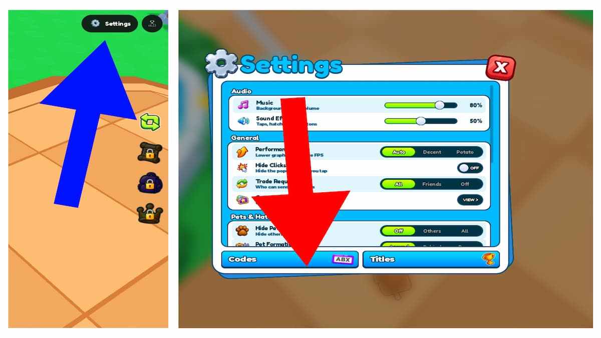 Arrow pointing to the settings and codes buttons in Tap Simulator Reborn