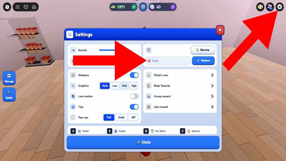 Arrow pointing to the settings in TCG Card Shop