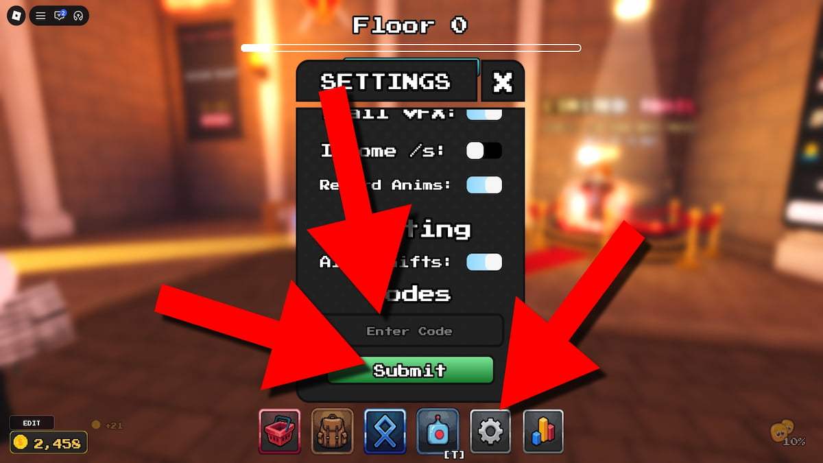 Tower Incremental game screenshot showing how to redeem codes, with red arrows pointing to the Settings button, code entry field, and Submit button.