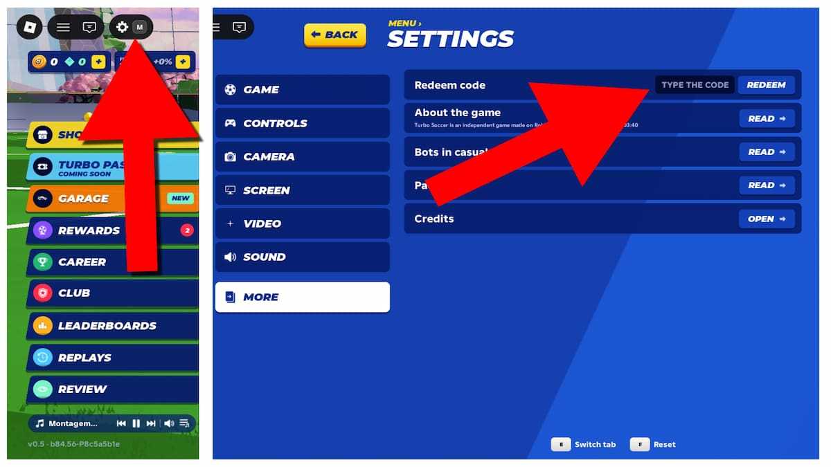 Arrows pointing to the settings button and code system in Turbo Soccer