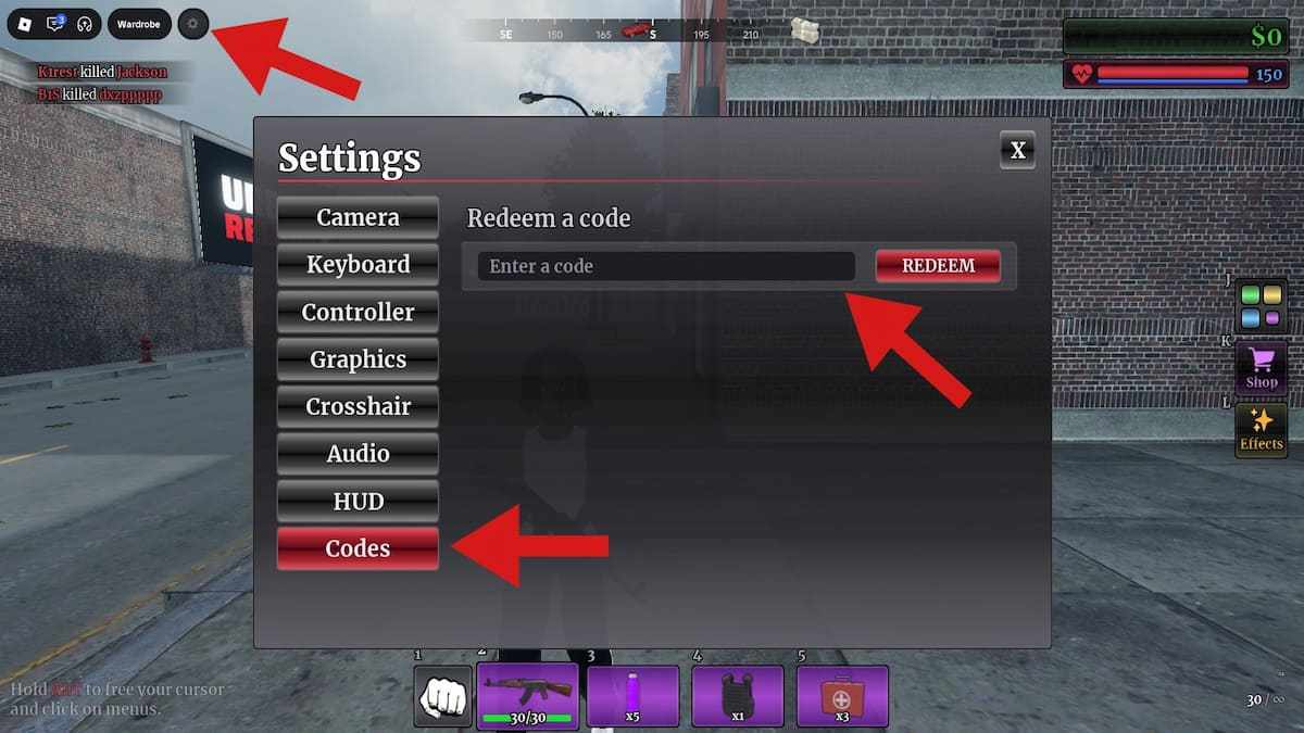 Using the Settings menu to redeem codes in Urban Reload