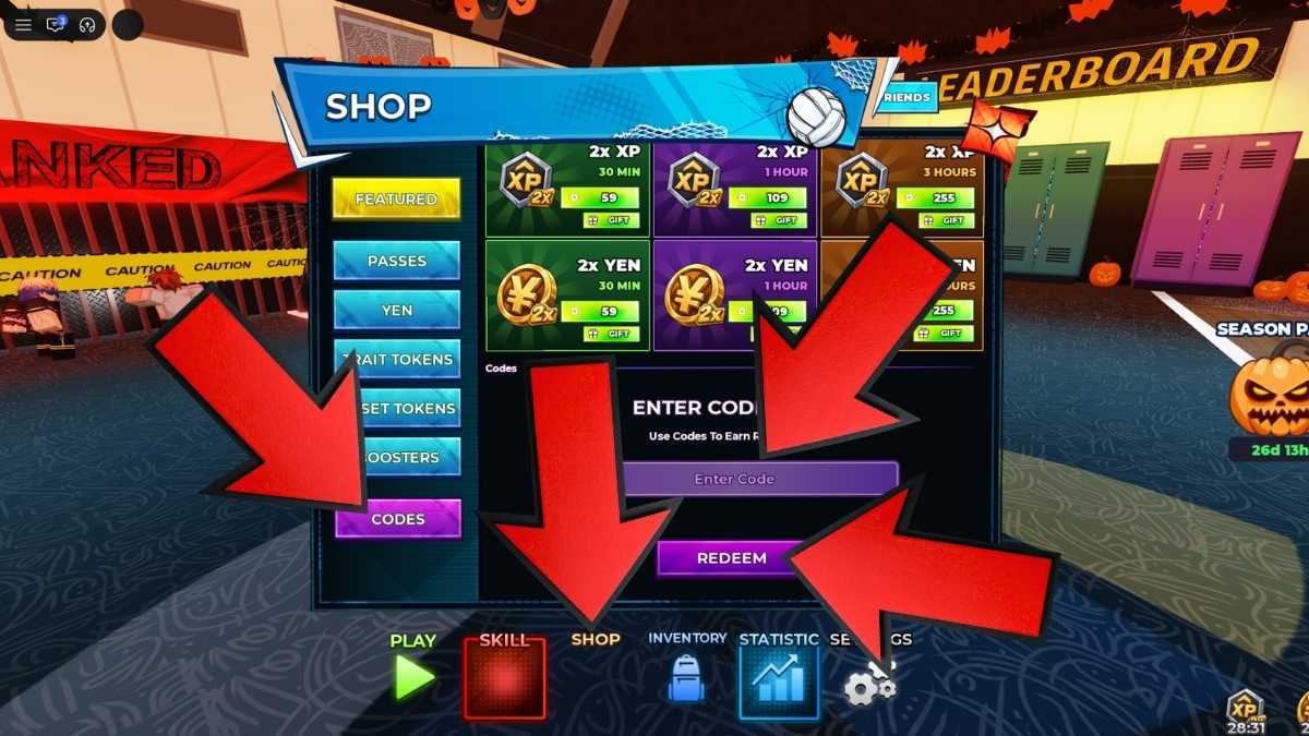 Volleyball Journey game screenshot showing how to redeem codes, with red arrows pointing to the Shop, Codes tab, code entry field, Redeem button, and Settings menu.