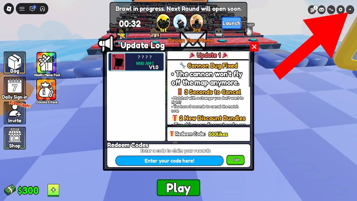 Arrow pointing to the Update log in What The Fight