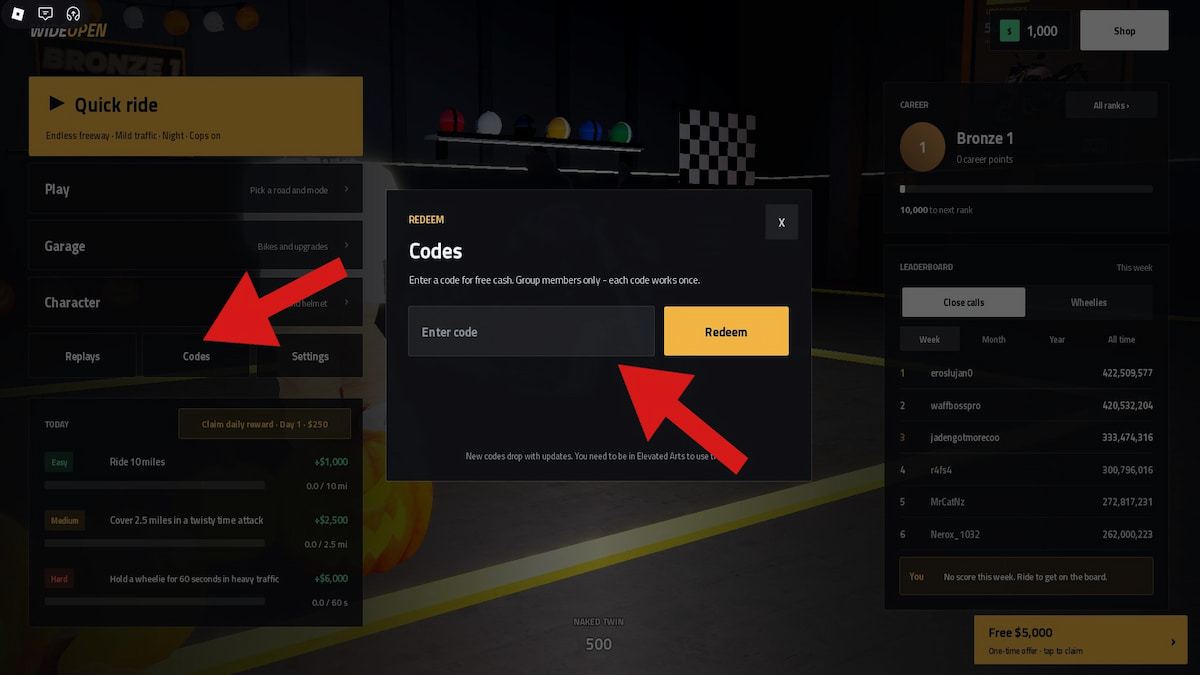 Redeeming WideOpen codes via the in-game codes menu