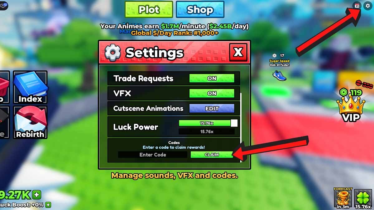 Wish For Anime Codes Redemption System at the bottom of the settings menu