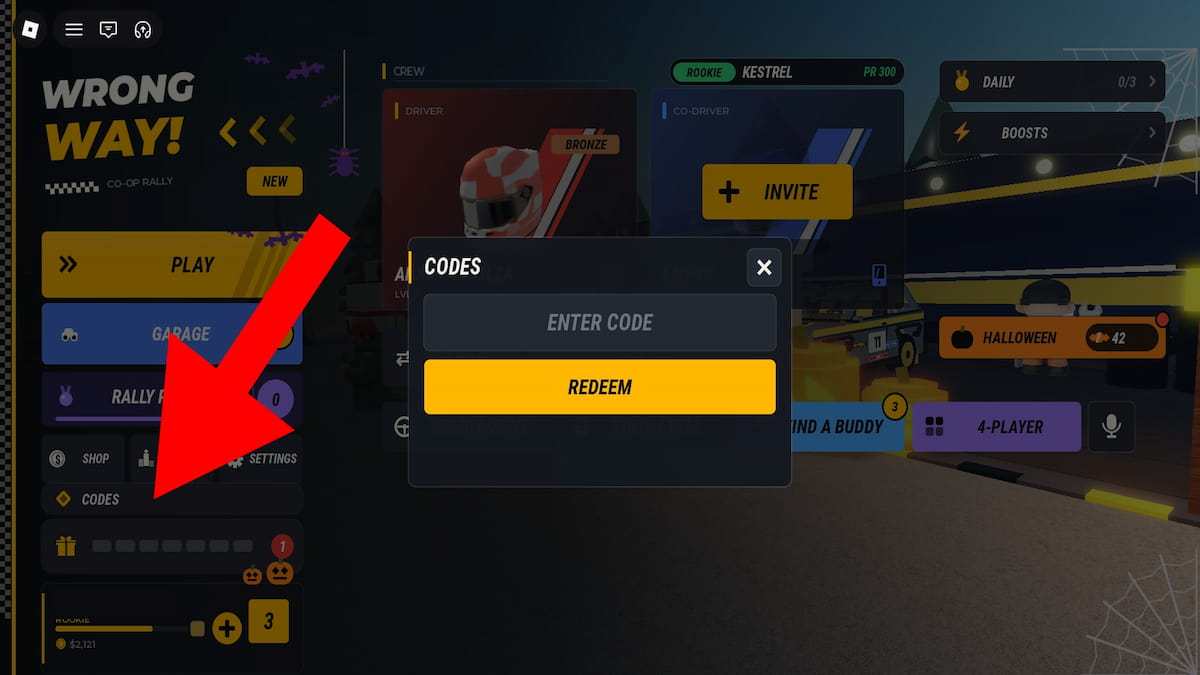 Arrow pointing to the codes button in WRONG WAY