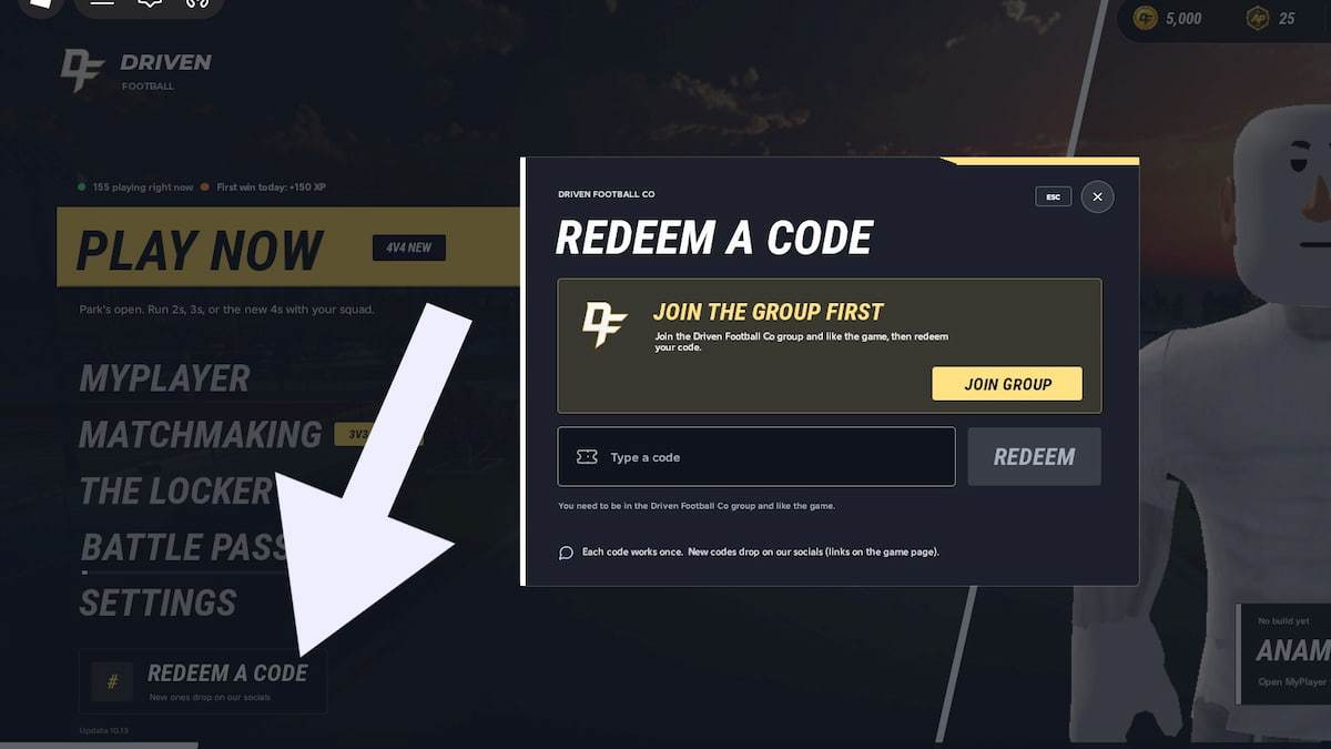 Arrow pointing to the codes button in Driven Football