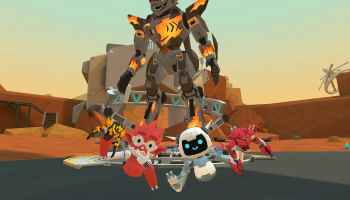 MechUp codes gameplay showing multiple colorful robotic characters and a towering armored mech in a desert combat arena.